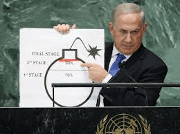 Netanyahu at the UN in 2012 uses a picture to make his case that Iran is close to developing atomic weapons.