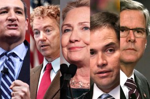 2016 US presidential candidates.  From left to right:  Ted Cruz, Rand Paul, Hillary Clinton, Marco Rubio, and Jeb Bush. REUTERS/Kevin Lamarque.