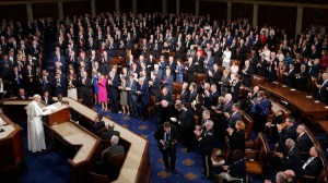 Pope Francis addresses a joint meeting of Congress on Capitol Hill in Washington, Thursday, Sept. 24, 2015, making history as the first pontiff to do so. (AP Photo/Evan Vucci)
